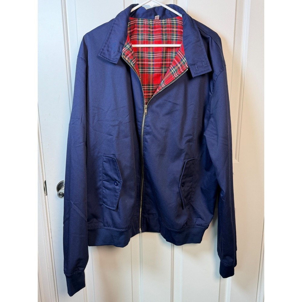 Mens Navy Blue Harrington Jacket Red Tartan Plaid Lined Windbreaker 3XL